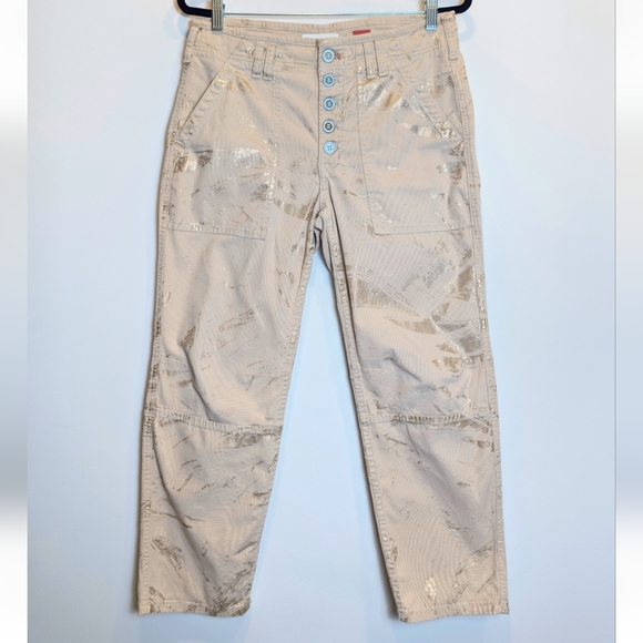 Anthropologie Wanderer Tan Metallic Gold Utility Button Fly Pocket Pants Size 30 - Picture 3 of 8